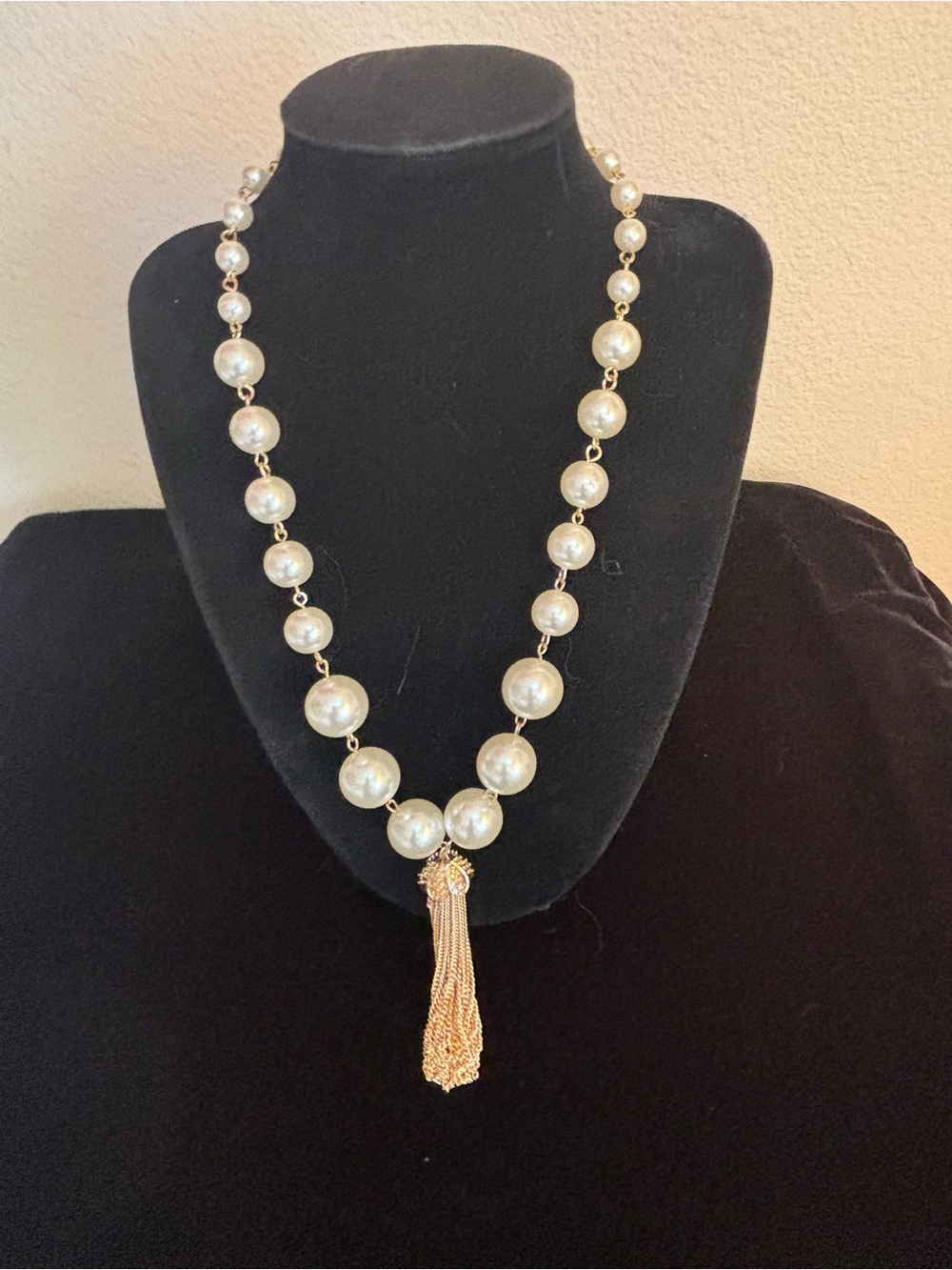 Gold-Tone Faux Pearl Bead Necklace with Tassel, 20” + 3”  Tassel